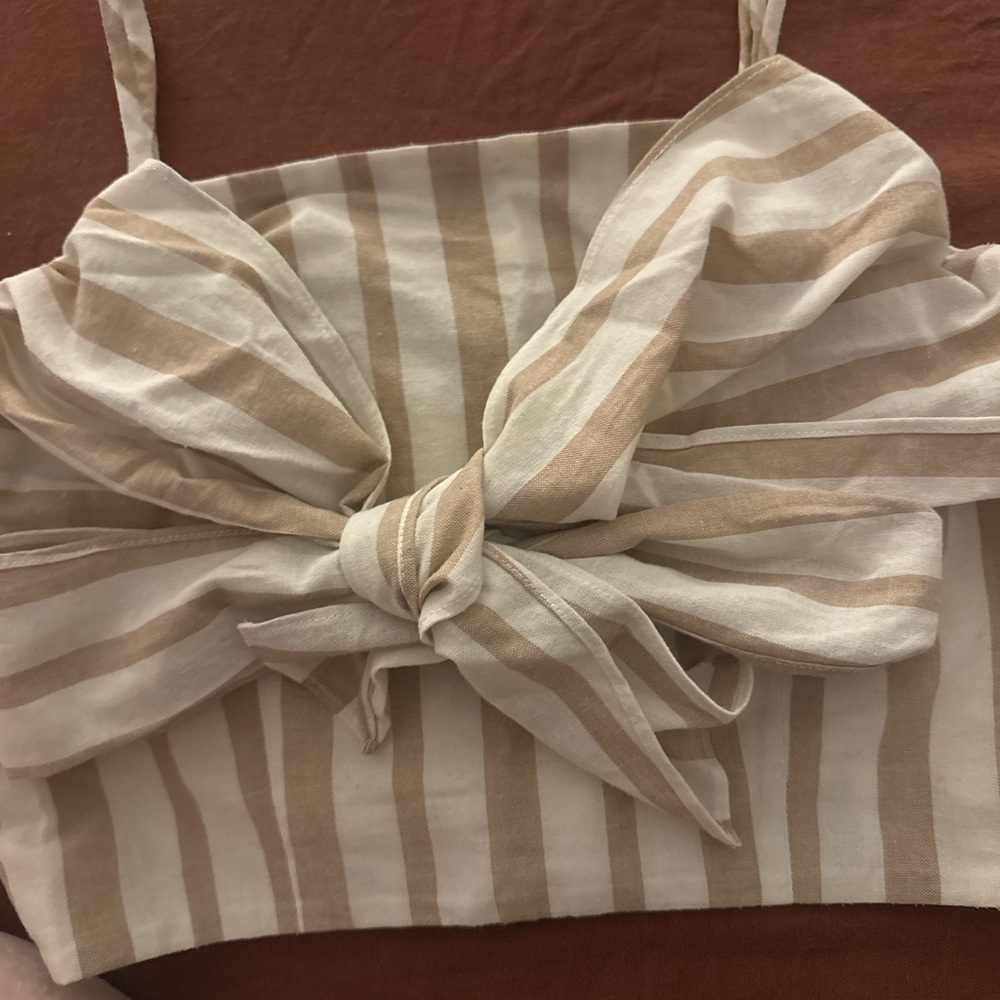 J.O.A. Beige and White Striped Crop Top
